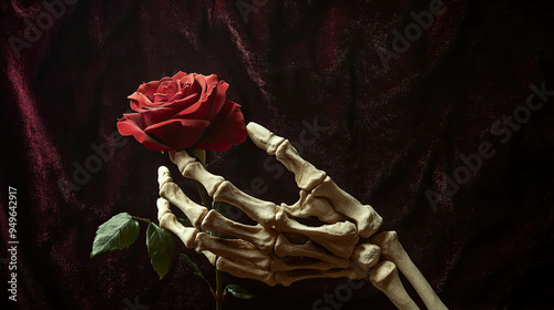 Skeleton hand holding a red rose against a dark velvet background