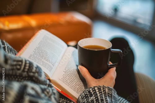 Reading and Relaxing Over the shoulder view of a unrecognisable person reading and holding a hot drink while indoors. photo