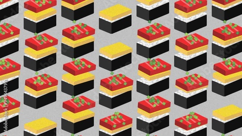 Repeating isometric pattern of colorful sushi pieces, including tamago and tuna, showcasing vibrant and playful Japanese food art. 4K and Seamless loop