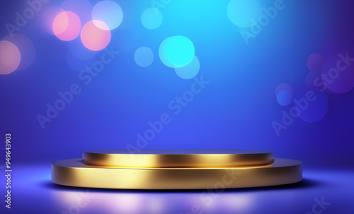 podium with stars blur blue golden