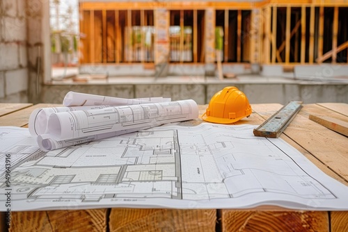 Blueprints on a construction site while remodeling a house Blueprints lying on a construction site while remodeling a house - home improvement concepts