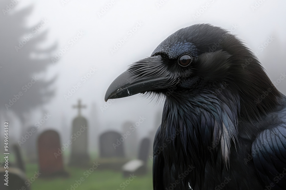 Fototapeta premium Close-Up of a Raven in a Foggy Cemetery