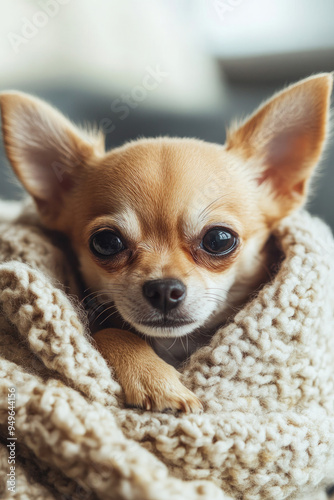 Cozy Chihuahua Wrapped in a Soft Knitted Blanket