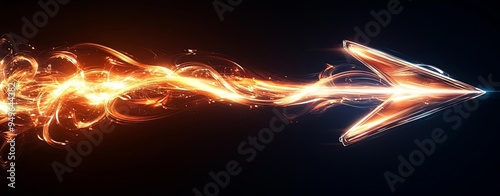 A radiant arrow made of swirling light streams, pointing rightward with a smooth and elegant motion on a deep black backdrop, clear light, realistic photo lifelike 8K photo