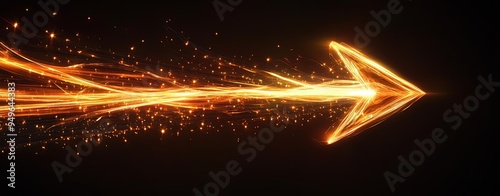 A radiant arrow made of swirling light streams, pointing rightward with a smooth and elegant motion on a deep black backdrop, clear light, realistic photo lifelike 8K photo