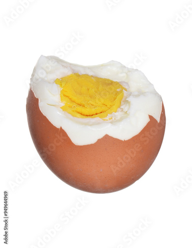 Open boiled egg yolk and shell isolated on transparent layered background.