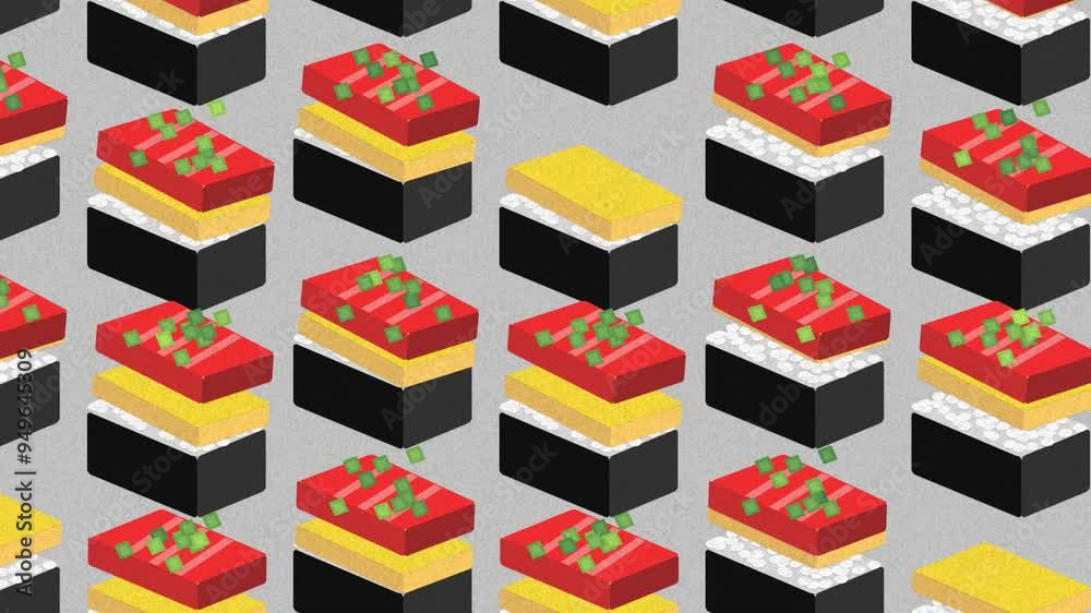 Seamless isometric pattern of sushi pieces. Bright colors of the sushi stand out against the neutral backdrop, Perfect for design related to Japanese cuisine, food illustrations, or playful background Seamless isometric pattern of sushi pieces. Bright colors of the sushi stand out against the neutral backdrop, Perfect for design related to Japanese cuisine, food illustrations, or playful background