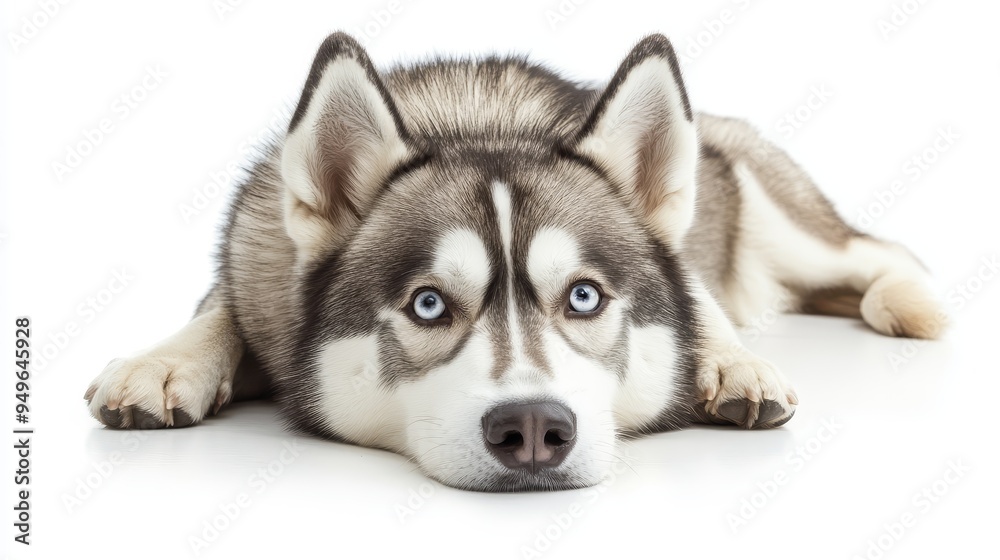 A close-up portrait of a Siberian Husky dog lying down on a white background, with its head resting on the floor, showing its beautiful blue eyes. The dog's fur is white and gray, and its expression A close-up portrait of a Siberian Husky dog lying down on a white background, with its head resting on the floor, showing its beautiful blue eyes. The dog's fur is white and gray, and its expression
