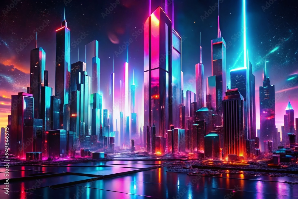 Vibrant neon gradients bleeding into holographic foil shards on neon-lit cityscapes conveying neon-noir mystery and retro-futurism. Vibrant neon gradients bleeding into holographic foil shards on neon-lit cityscapes conveying neon-noir mystery and retro-futurism.