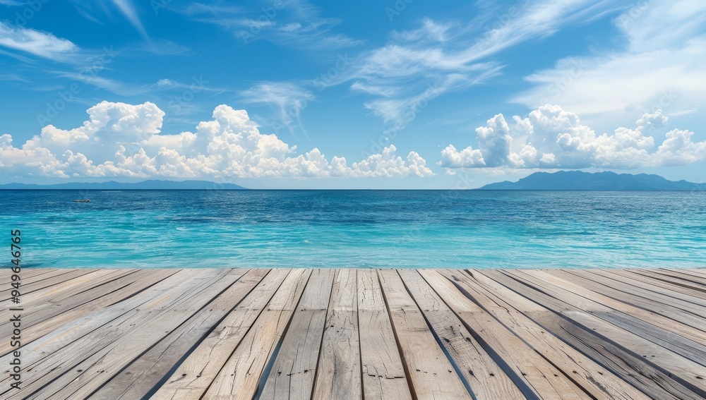 Fototapeta premium Wooden Deck Overlooking a Calm Ocean With Clouds and Mountains in the Distance
