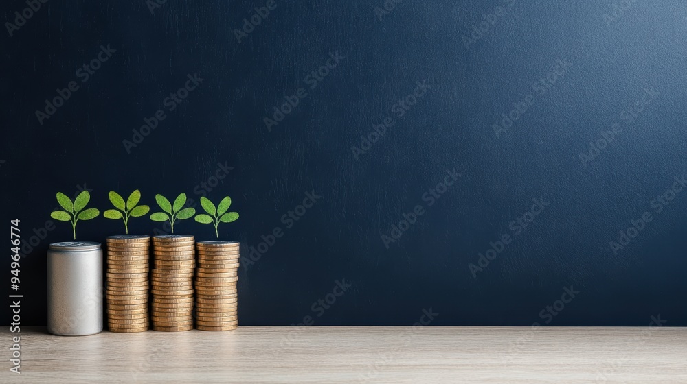 Growing Savings Concept with Stacked Coins and Seedlings on Dark Background, Symbolizing Financial Growth, Investment, and Economic Prosperity Growing Savings Concept with Stacked Coins and Seedlings on Dark Background, Symbolizing Financial Growth, Investment, and Economic Prosperity