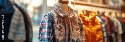 A close-up shot of a stylish plaid flannel shirt for kids, displayed on a mannequin in a clothing store. The shirt features a classic plaid pattern in shades of blue, red, and white, with a comfortabl photo