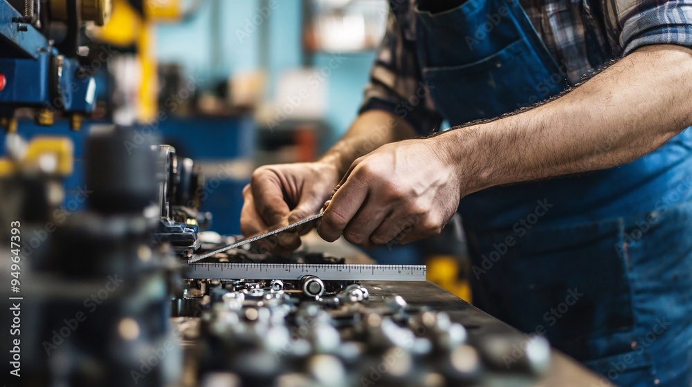 Hands of a mechanic checking the alignment of engine parts using a straight edge tool on a clean workbench Hands of a mechanic checking the alignment of engine parts using a straight edge tool on a clean workbench