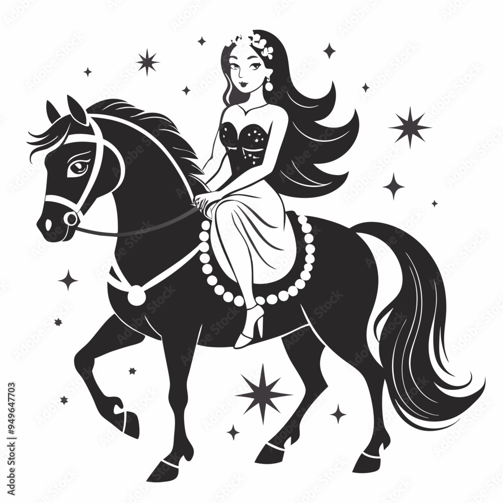 Elegant woman riding a horse in a whimsical fairy tale setting
Elegant woman riding a horse in a whimsical fairy tale setting