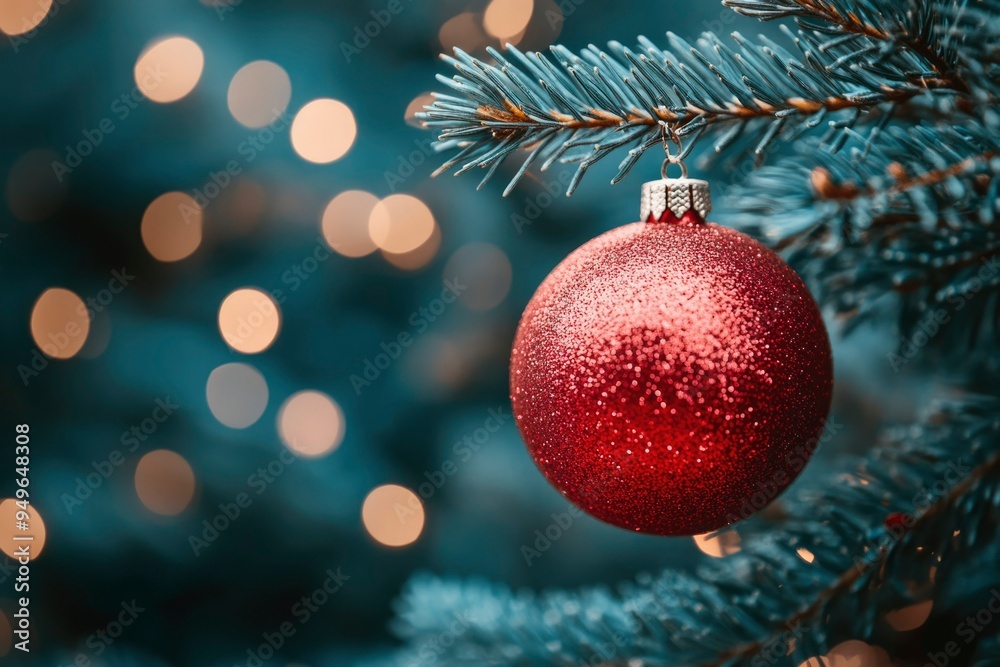 Red Christmas Ornament Hanging on a Pine Branch with a Blurred Background of Lights Red Christmas Ornament Hanging on a Pine Branch with a Blurred Background of Lights