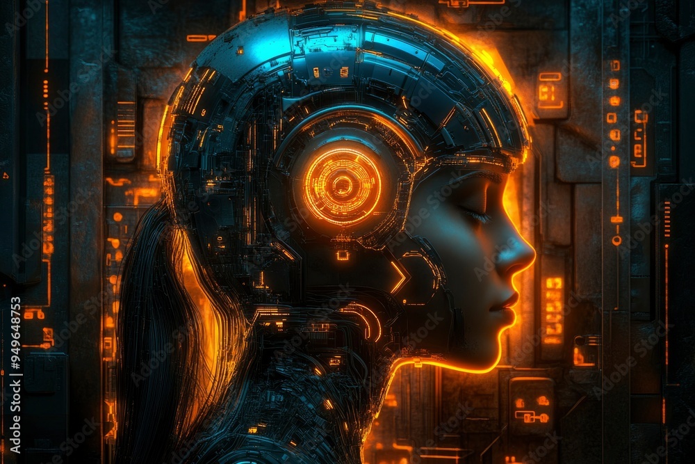 A Cybernetic Woman with a Glowing Head in a Technological Setting A Cybernetic Woman with a Glowing Head in a Technological Setting