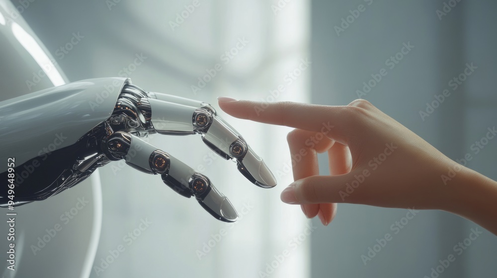 The human finger delicately touches the finger of a robot's metallic finger. Concept of harmonious coexistence of humans and AI technology