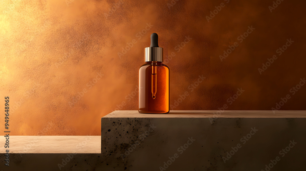 luxurious skincare product in a clear glass bottle with a pipette, placed on a polished concrete podium. The gradient background shifts from chocolate brown to a glowing luxurious skincare product in a clear glass bottle with a pipette, placed on a polished concrete podium. The gradient background shifts from chocolate brown to a glowing