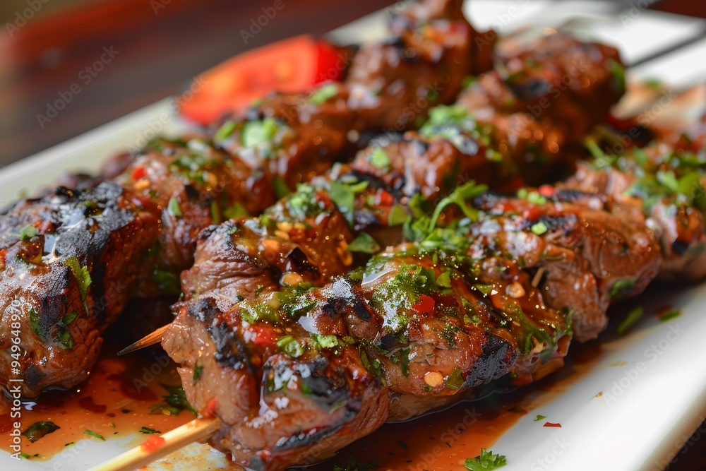 A close-up of a plate of food featuring tender lamb kebabs on skewers marinated in a tangy sauce, Tender lamb kebabs marinated in a tangy sauce A close-up of a plate of food featuring tender lamb kebabs on skewers marinated in a tangy sauce, Tender lamb kebabs marinated in a tangy sauce
