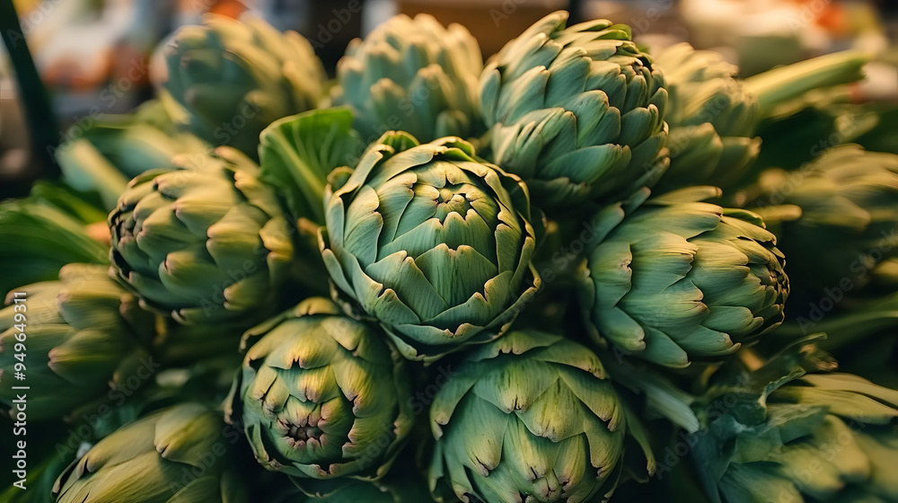 Fototapeta premium A close up view of fresh green artichokes in a market.