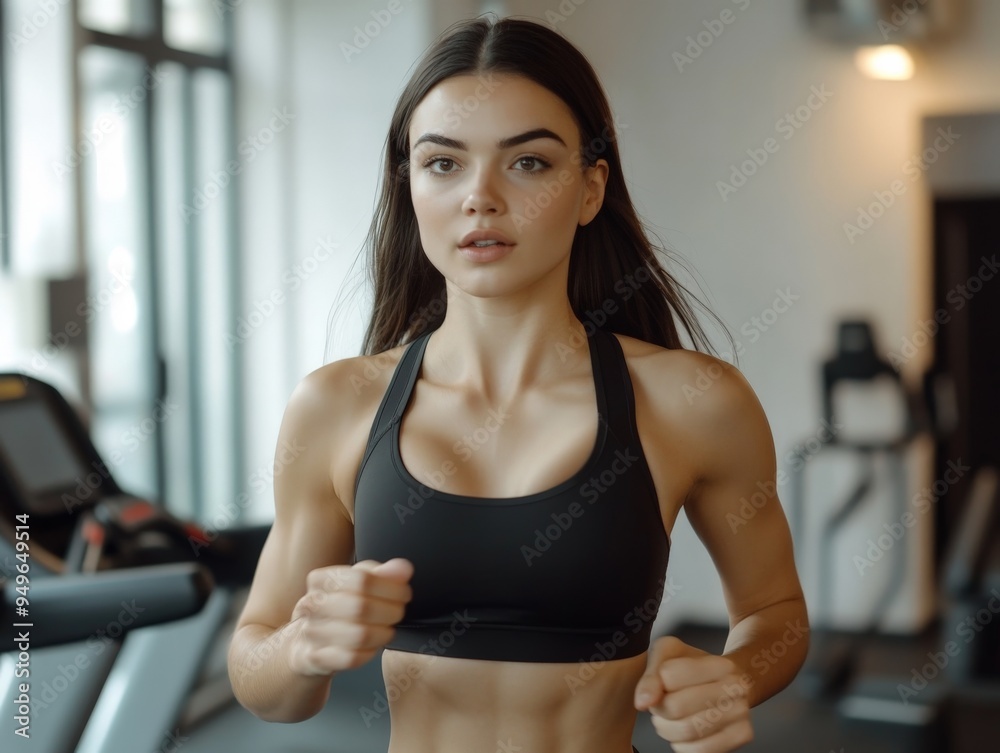 Woman Running on Treadmill at the Gym. Woman Running on Treadmill at the Gym.