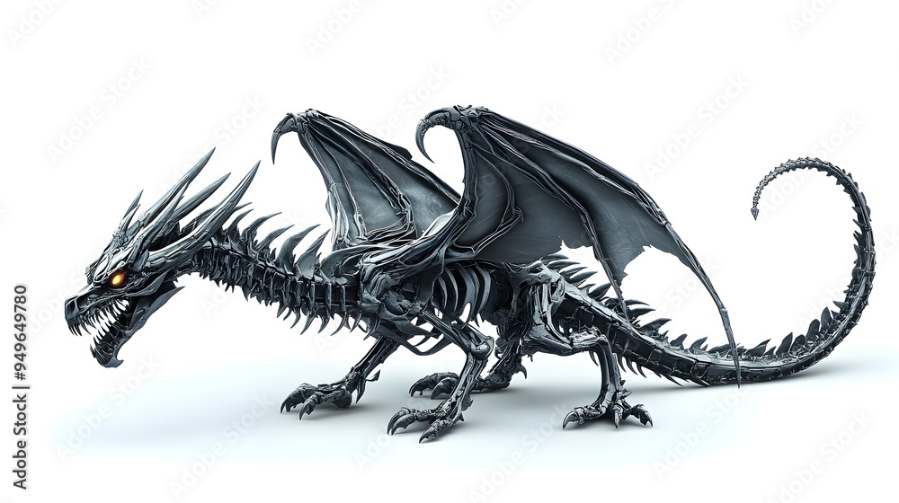 A skeletal dragon with glowing eyes, adorned with Halloween party masks, detailed 3D rendering, dark fantasy style, isolated on white background A skeletal dragon with glowing eyes, adorned with Halloween party masks, detailed 3D rendering, dark fantasy style, isolated on white background