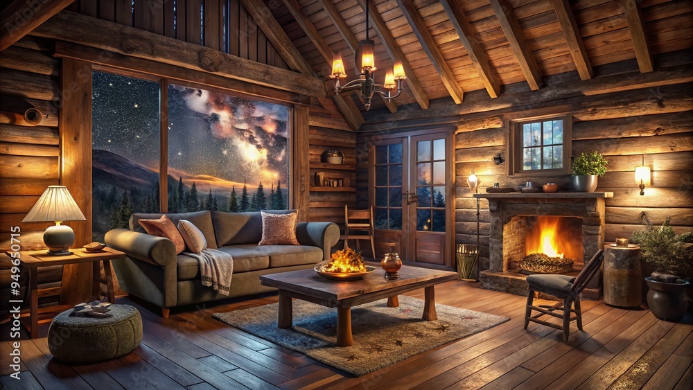 Fototapeta premium cozy cottage 3d rendering of rustic wooden cabin interior with warm earthy tones, vintage decor, and inviting warm lighting under starry night sky