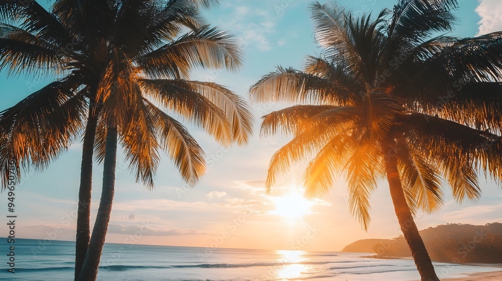 Fototapeta premium Breathtaking tropical sunset over a palm lined beach with tranquil ocean view
