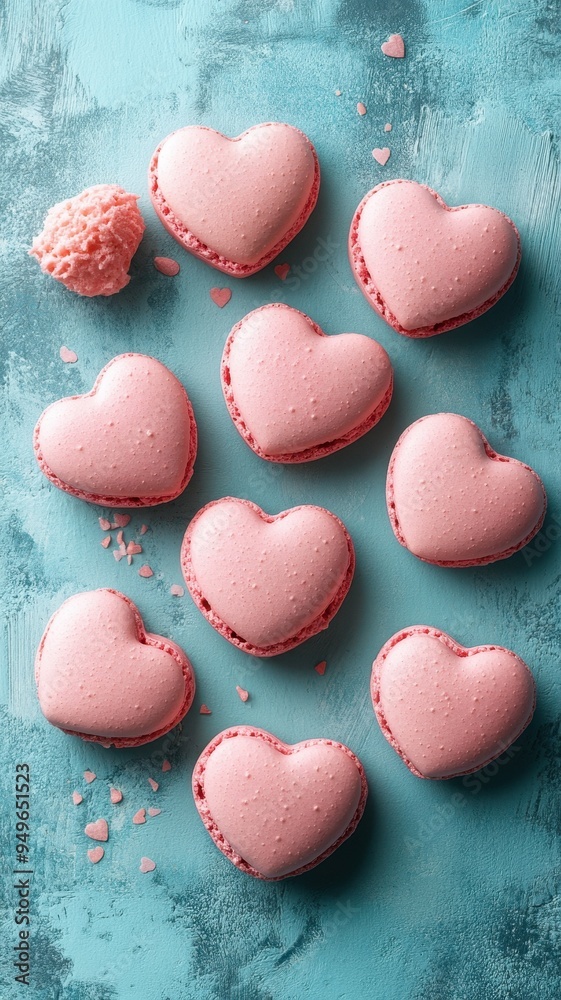 French sweet Pink heart macaroons isolated on blue background. Pastry shop card with copy spacefrench macaroons,Paris Pastry,bakery and branding valentine couple concept,copy space. French sweet Pink heart macaroons isolated on blue background. Pastry shop card with copy spacefrench macaroons,Paris Pastry,bakery and branding valentine couple concept,copy space.