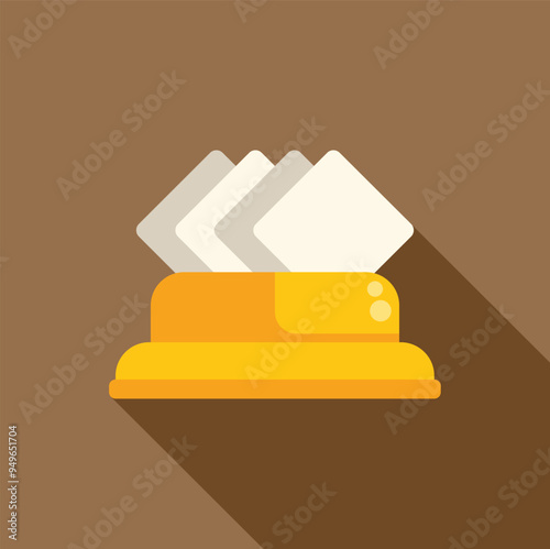 Simple vector icon of a yellow tissue box with tissues sticking out, set against a brown background