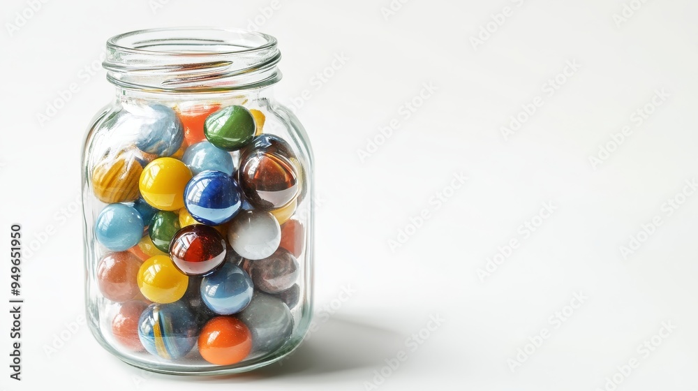 A glass jar filled with colorful glass marbles, symbolizing childhood memories, playfulness, creativity, diversity, and the beauty of simple things. A glass jar filled with colorful glass marbles, symbolizing childhood memories, playfulness, creativity, diversity, and the beauty of simple things.