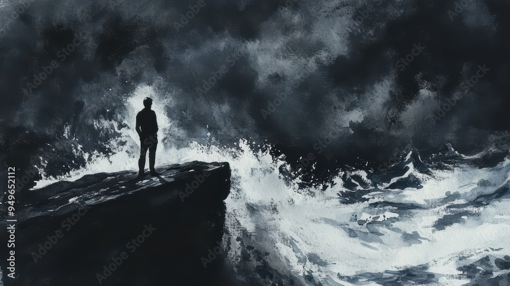 Obraz premium A solitary figure stands on rocky cliff, facing turbulent waves and dark stormy skies, evoking sense of contemplation and resilience.