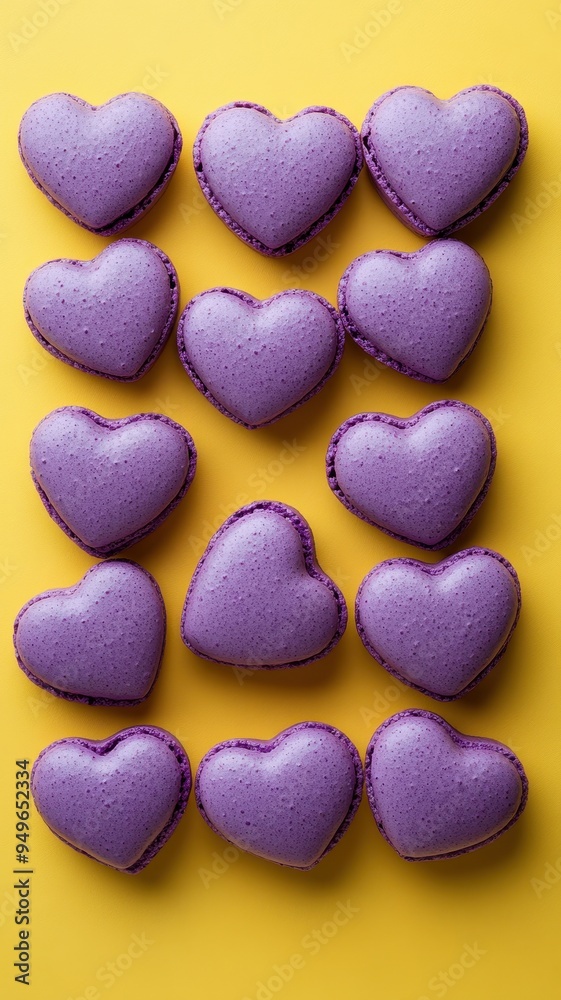 Obraz premium French sweet Violet heart macaroons on yellow background,Pastry shop card with copy space,french purple macaroons,Paris Pastry,bakery and branding valentine couple concept,copy space.