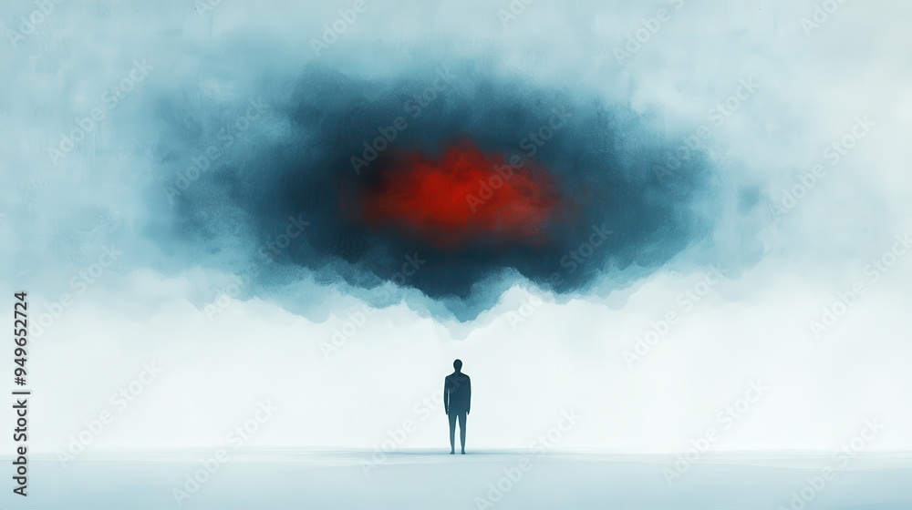 A solitary figure stands beneath dark, ominous cloud with hint of red, evoking feelings of uncertainty and introspection. A solitary figure stands beneath dark, ominous cloud with hint of red, evoking feelings of uncertainty and introspection.