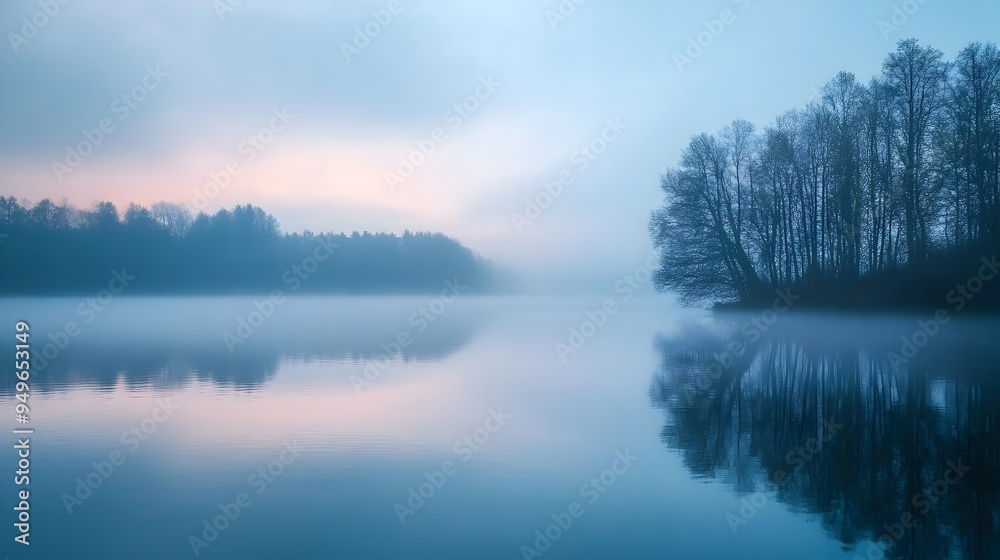 Fototapeta premium Ethereal Mist Drifting Over a Still Tranquil Lake at Dawn