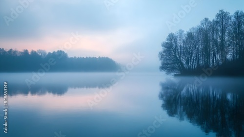 Ethereal Mist Drifting Over a Still Tranquil Lake at Dawn