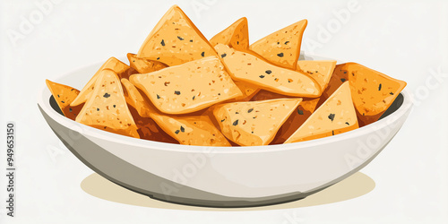 Serving of pita chips on a flat, wide-rimmed plate with visible shape photo