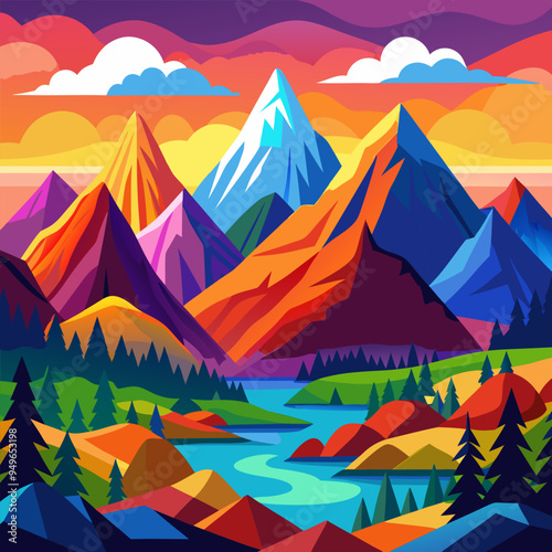 A vector painting of a colorful mountains