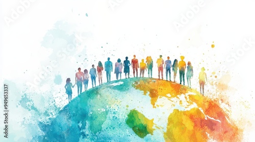 People standing on colorful globe, symbolizing unity and diversity. This vibrant watercolor illustration captures essence of global togetherness.