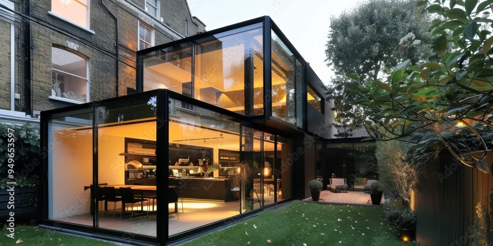Fototapeta premium Modern Glass Extension with Illuminated Interior and Outdoor Patio