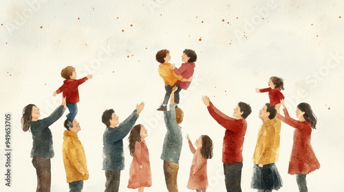 A joyful family gathering with children being lifted by adults, celebrating together in warm, loving atmosphere.