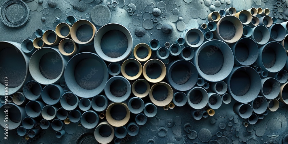 Abstract image showing a chaotic arrangement of round shapes and rings, set against a colorful, digital wallpaper with a geometric pattern. Abstract image showing a chaotic arrangement of round shapes and rings, set against a colorful, digital wallpaper with a geometric pattern.