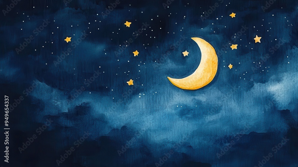 Naklejka premium A serene night sky featuring crescent moon and twinkling stars, evoking sense of calm and wonder.