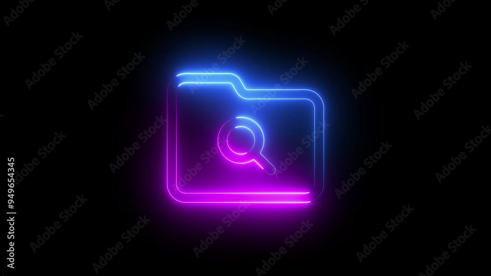 Glowing neon line Search concept with folder icon isolated on black background. Magnifying glass and document.