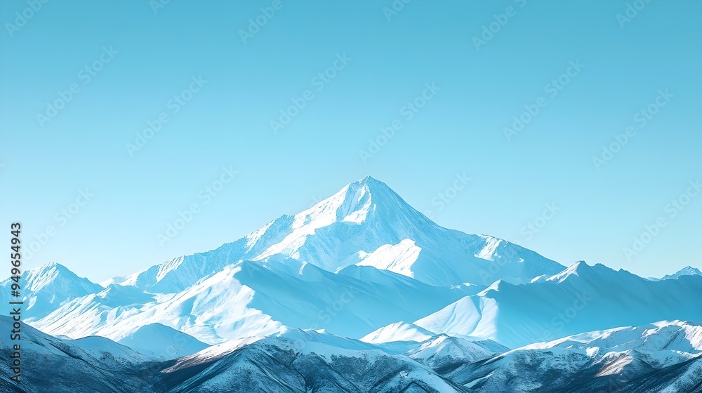 Fototapeta premium Majestic Snow Capped Mountain Peaks Under a Cloudless Blue Sky in Winter