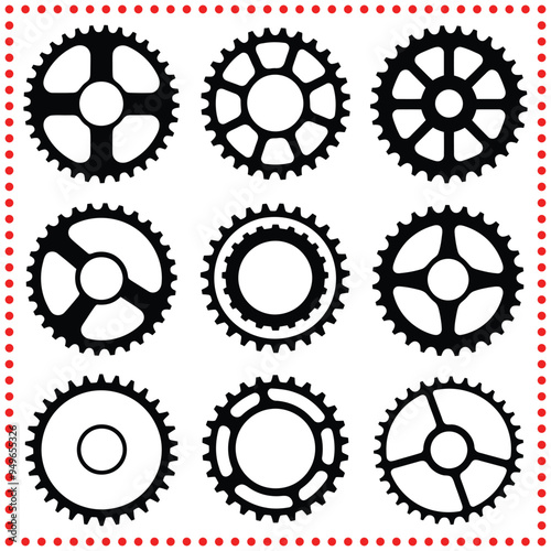 Set of Nine Different Gear and Sprocket Icons in a Clean Vector Design