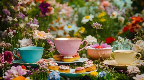 Garden tea party whimsical oversized teacups pastries colorful flowers Alice-in-Wonderland inspired quirky pastel colors