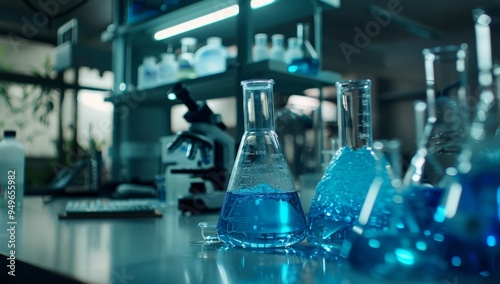 Blue Liquid in Erlenmeyer Flasks and Beakers on a Lab Table