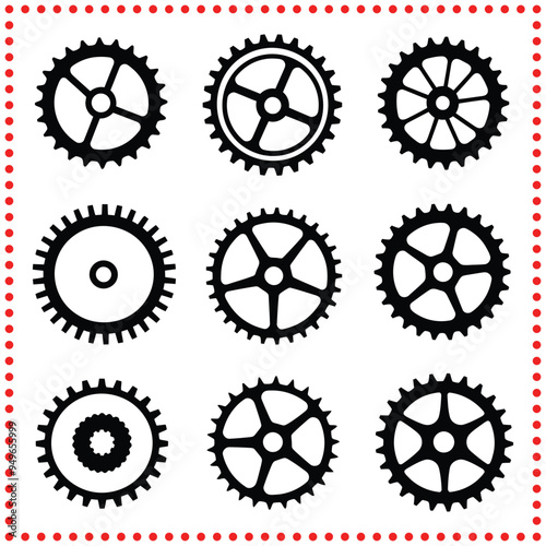 Stylized Vector Set of Gear and Sprocket Icons with Unique Designs