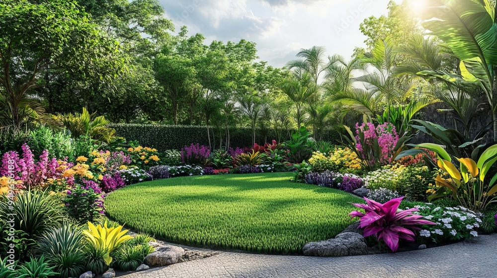 Fototapeta premium Beautiful garden with ornamental plants, exotic foliage, unique garden design